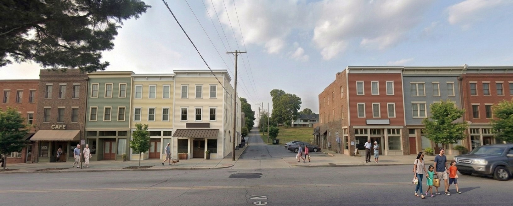 After: a vacant Northside commercial building restored as mixed-use storefronts with apartments above