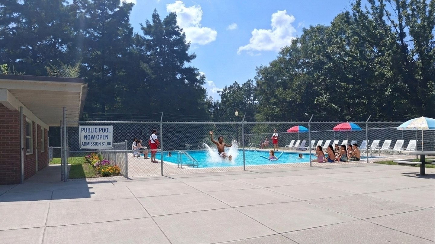 After: the locked front gate of the closed Norwood pool, reopened with the water full and children swimming